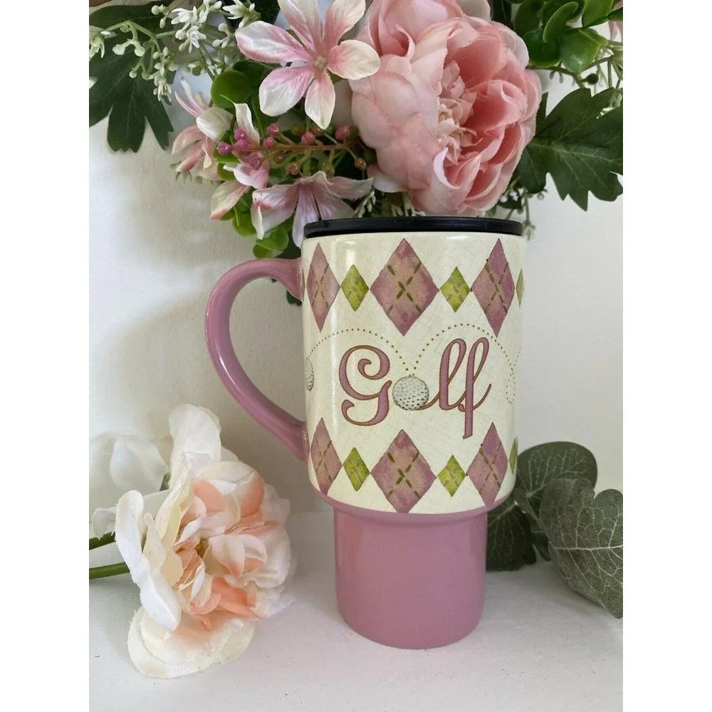 Lang Golf Travel Mug Pink‎ Argyle Ceramic Lid Golf